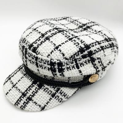 China New fashion tweed black and white plaid peaked hat fashion women flat top military hat for sale