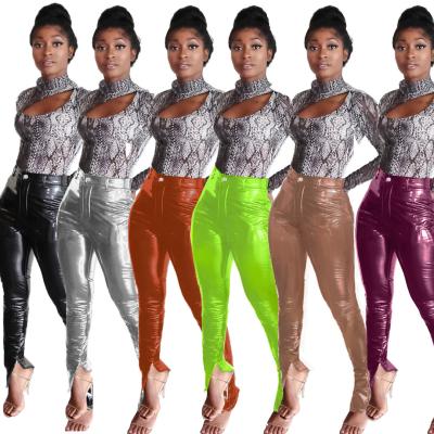 China 2021 High Waist Streetwear Women Winter PU Leather Zipper Pants Waterproof Skinny Pants Casual Sweatpants Trousers for sale