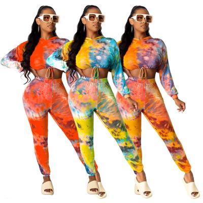 China 2021 Autumn QUICK DRY QUICK DRY Women Clothes Drawstring Crop Top Two Piece Pants Sets Jogger Speed ​​Tie Dye Casual Hoodie 2 Piece Set for sale