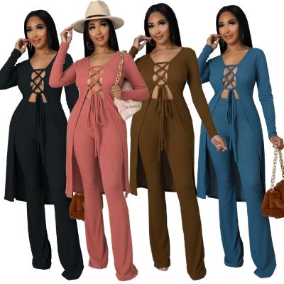 China 2021 Breathable Womens Breathable Pants Knitted Long Two Piece Sets Jogger Set Cardigan Coat Outfit Women 2 Piece Flare Bottom Pants Sweat Suits for sale