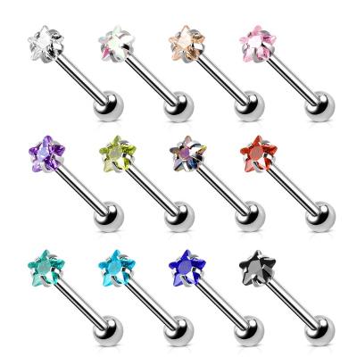 China Trendy Fashion stainless steel tongue barbell jewelry fork set star shape CZ stone straight barbell for sale