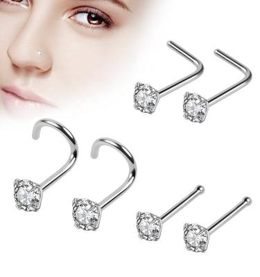 China FASHIONABLE l stone bend nose ring fork set round CZ nose stud sales 90 degree top stone wholesale for sale