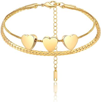 China Link Chain Tasty 18K Gold Layered Heart Dot Charm Double Layering Handmade Link Chain Bracelet Personalized Jewelry Gifts For Women Girls for sale