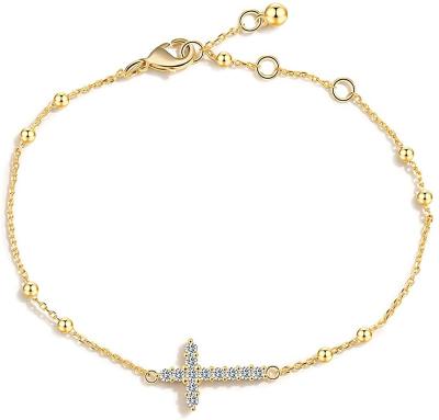 China Tasty 14K Gold Plated Adjustable Tiny Side Cross Bracelet Religious Bracelets Bead Chain Jewelry Cute Gift For Women Girls for sale