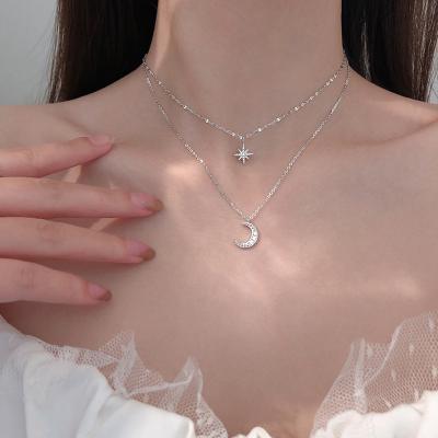 China 2022 Romantic Shiny S925 Sterling Silver Layer Choker Zircon Moon Pendant Necklaces Simple Stars Double For Women Gift Fine Jewelry for sale