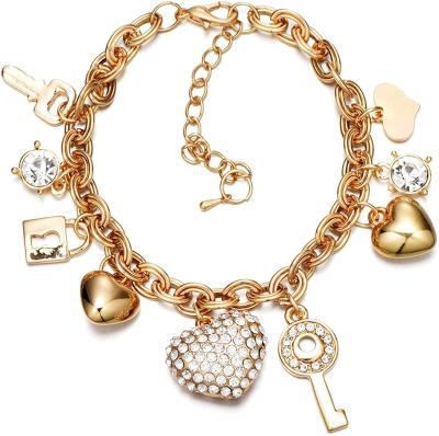 China Cute Gold Plated Chain Link Bracelet 14K Gold Love Locked Bracelets For Women And Girls (Crystal, Love Heart, Key, Lock) for sale