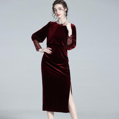 China Anti-Static Charity party formal party evening dresses long sleeve lace evening dress Wine red Velvet dress for sale