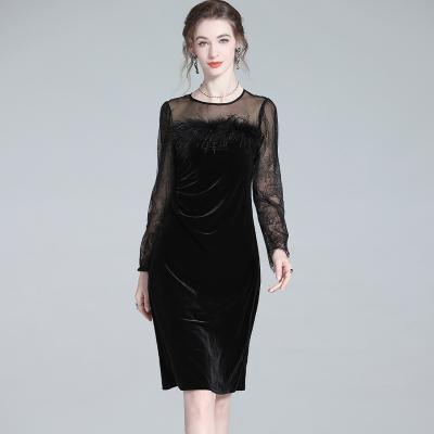 China Anti-Static Fashion dresses with feathers lace stitching long sleeve evening dress formal midi velvet dress for sale