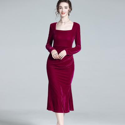 China Anti-Static Autumn square collar long sleeve dresses women fishtail velvet dress formal elegant cocktail dresses for sale