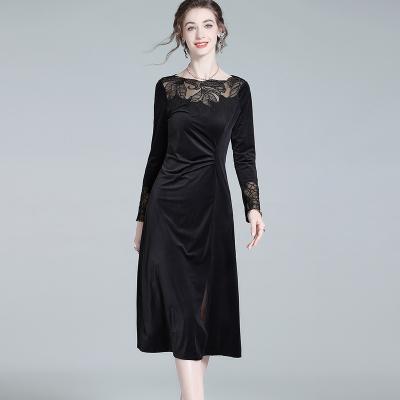 China Anti-Static Custom Fall winter Long sleeve velvet dress women modest evening dress Black lace cocktail dresses for sale