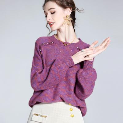 China Anti-wrinkle Winter Clip-Ring Beading Cashmere Wool Sweater Women Round Neck Loose Women'S Knit Sweaters Women Clothing Sequin Beaded Sweater for sale