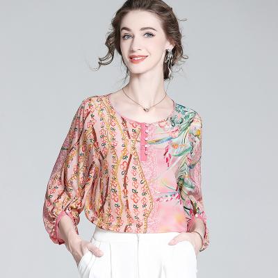 China Anti-pilling Floral printed elegant women tops ladies blouses 100% silk mulberry shirt customized casual blouses for sale