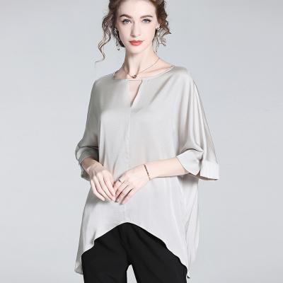 China Anti-pilling Sense of advanced satin blouse short sleeves wholesale silk shirts smooth breathable hollow design loose blouse for sale