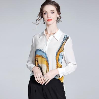 China Anti-pilling High-end white blouse women tops hangzhou silk blouses temperament printed shirts for sale