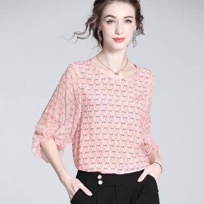 China Anti-pilling Customized women's summer blouses round 6a silk blouse fashion women puff sleeve blouse for sale