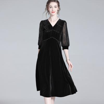 China Anti-wrinkle New autumn long sleeve velvet dress beaded dresses midi  black dresses elegant women for sale