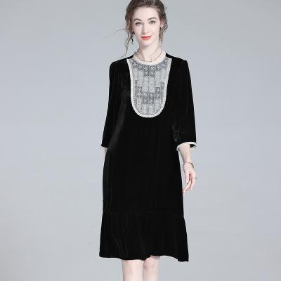 China Anti-wrinkle Professional custom  velvet dress beaded round neck lace stitching long sleeve dresses women dresses elegant for sale