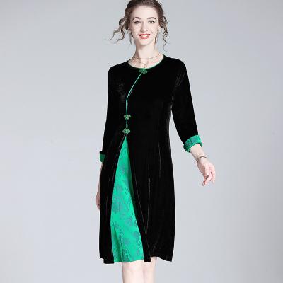 China Anti-wrinkle New chinese style dress for women autumn dress round neck knot button velvet elegant casual dresses for sale