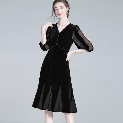 China Anti-wrinkle Women autumn velvet dress ladies fishtail dresses high quality modest women long sleeve dress for sale