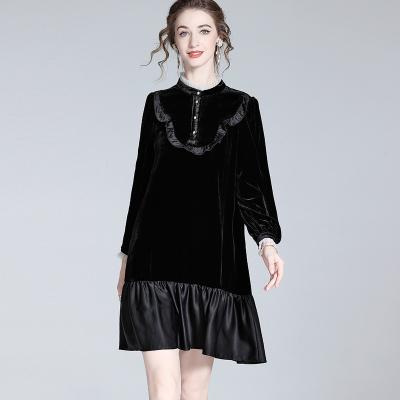 China Anti-wrinkle OEM/ODM stand collar black velvet dress fall dresses for women loose dress for sale