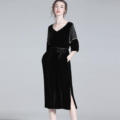 China Anti-wrinkle High Quality womens dresses with splits V-neck beaded velvet women dresses elegant for sale