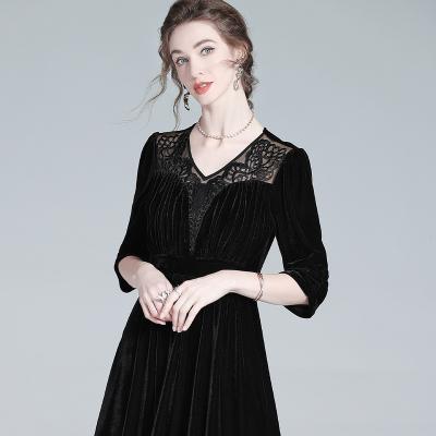 China Anti-wrinkle New autumn embroider v-neck hepburn style black velvet dress women noble and elegant vintage long dress for sale