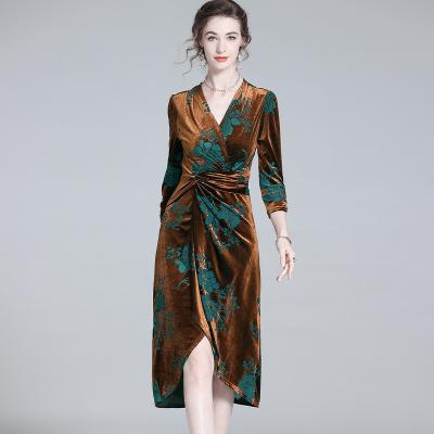 China Anti-wrinkle New Autumn Burn out printed dress brown High-end V-neck slim fit velvet dress for sale