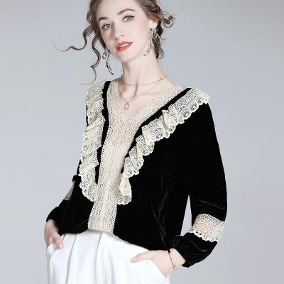 China Anti-pilling New design women blouses elegant tops v-neck lace stitching velvet blouse for women autumn long sleeve blouse women for sale