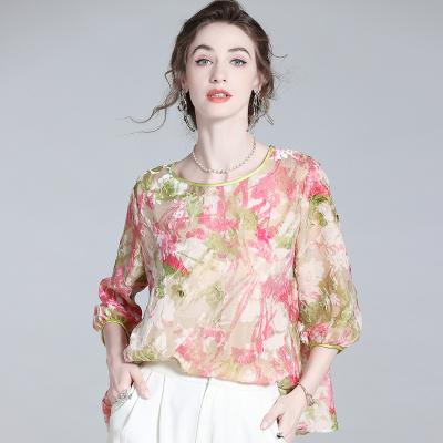 China Anti-pilling Autumn new velvet top burn out craft mulberry silk blouse high-end brand blouses elegant women for sale