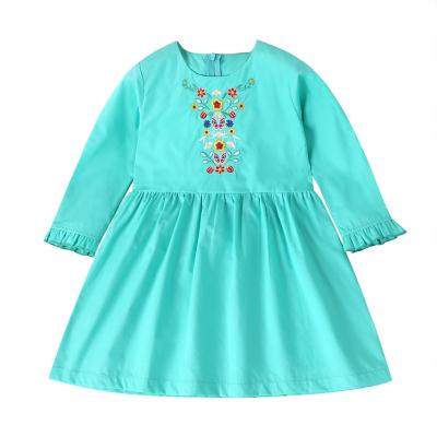 China Anti-Static Flower Embroidery Cotton Long Sleeve Dress Girl Long Sleeve Dress Girl Mint Color Casual Clothes for sale