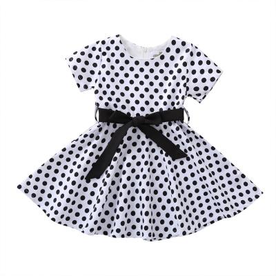 China Wholesale Washable Polka Dot Printed Girl Summer Short Sleeve Belt Pleated Dress Woven Breathable Kids Clothing for sale