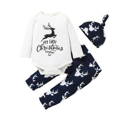 China Breathable Reindeer Printed Long Sleeve Snap Button Rompers Cotton Knitted Boy Pajamas Set Christmas Style Navy Color Quality Pants Suit for sale