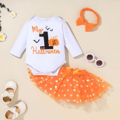 China New Design 2021 Breathable Halloween Festival Style Full Sleeve Letter Printed Orange Rompers Skirt Baby Clothing Set With Headband for sale