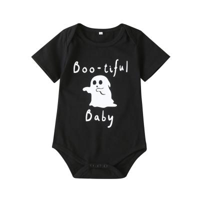 China Halloween Design Spandex/Cotton Knitted Cute Cartoon Ghost Letter Printed BOO-TIFUL BABY Black Triangle Rompers for sale