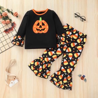 China Halloween American Cute Design Style Long Sleeve Shirt Cartoon Pumpkin Print Clothes Bell-bottom Pants Costume 2pcs Suit for sale