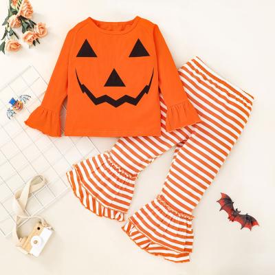 China Halloween Style American Pumpkin Light Orange Shirt Flared Casual Long Sleeve Girl 2 Piece Set Cartoon Printed Pants Costume for sale