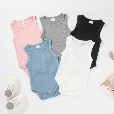 China Casual Service Brand OEM Solid Color Cotton Summer Sleeveless Baby Unisex Rib Break Button Free Rompers for sale