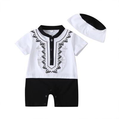 China High Quality Cotton Middle Eastern Style Summer Short Sleeve Newborn Baby Boy Clothes Rompers With Snap Button And Cap for sale