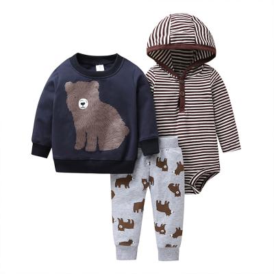 China Baby Boy Anti-Shrink Newborn Outfits Suits Bear Pattern Top Pants Overalls 3Pcs Sets Infant Clothes for sale