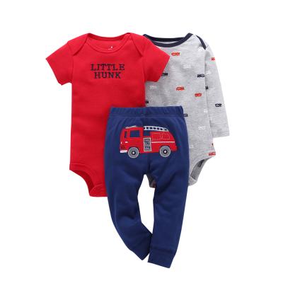 China Casual Style Anti-Static Firetruck OEM Baby Boy Rompers Newborn Cotton Knitted 3pcs Autumn Clothing Pants Suit for sale