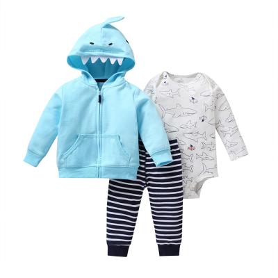 China Winter Sky Blue Shark Anti-Static Hooded Jacket Baby Boy Drop Shipping Full Sleeve 3pcs Clothing Set for sale