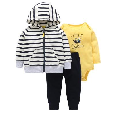 China Autumn 3pcs Newborn Baby Boy Hooded Clothing Set Breathable Hot Sale Kids Clothing Cotton Rompers for sale