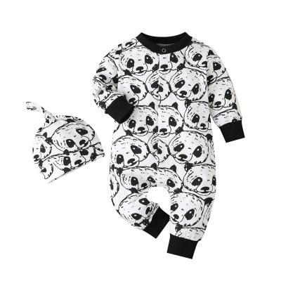 China OEM China Panda Pattern Long Sleeve Autumn Spandex/Cotton Newborn Baby Boy Rompers With Hat for sale