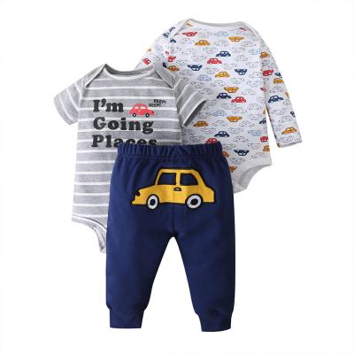 China England Style QUICK DRY 3pcs Baby Set Car Pattern Shot / Long Sleeve Rompers Cotton Knitted Kids Clothing Set for sale