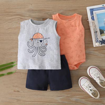 China RTS New Arrival Summer Breathable Cartoon Printed Tank Top Shirt Sleeveless Cotton Knitted Baby Boy 3pcs Clothes Set for sale