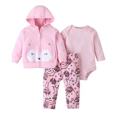 China Lovely RTS Series Anti-Static Fox Front Pocket Hooded Jacket Flower Pink Pattern Pants Newborn Baby 3pcs Clothing Matching Set for sale