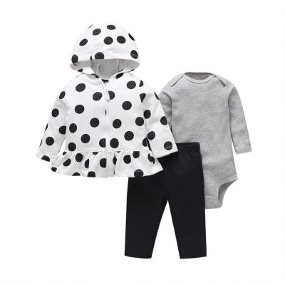 China Anti-Static High Review Neutral Colors Black White Solid Color Gray Polka Dot Hooded Jacket Rompers Baby Matching 3pcs Clothes Set for sale