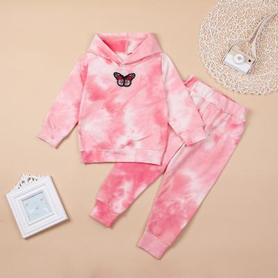 China Wholesale Autumn Tie Dye Pink 2pcs Long Sleeve Casual Hooded Shirt Matching Full Length Pants Kids Girl Clothing Windproof Set for sale