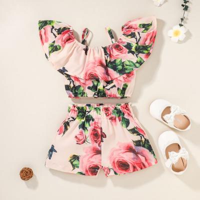 China Breathable High Quality Pink Floral Summer Pattern Top Size Off-shoulder Shorts Baby Matching 2pcs Clothes Set Beach Wear for sale