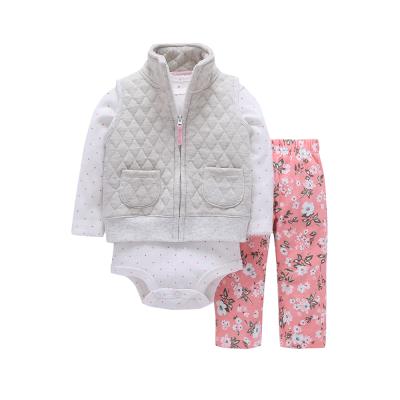 China RTS Breathable Turtle Neck Vest Coat Polka Dot Snap Button Floral Rompers Pattern Full Length Pants Baby 3pcs Clothing Set for sale